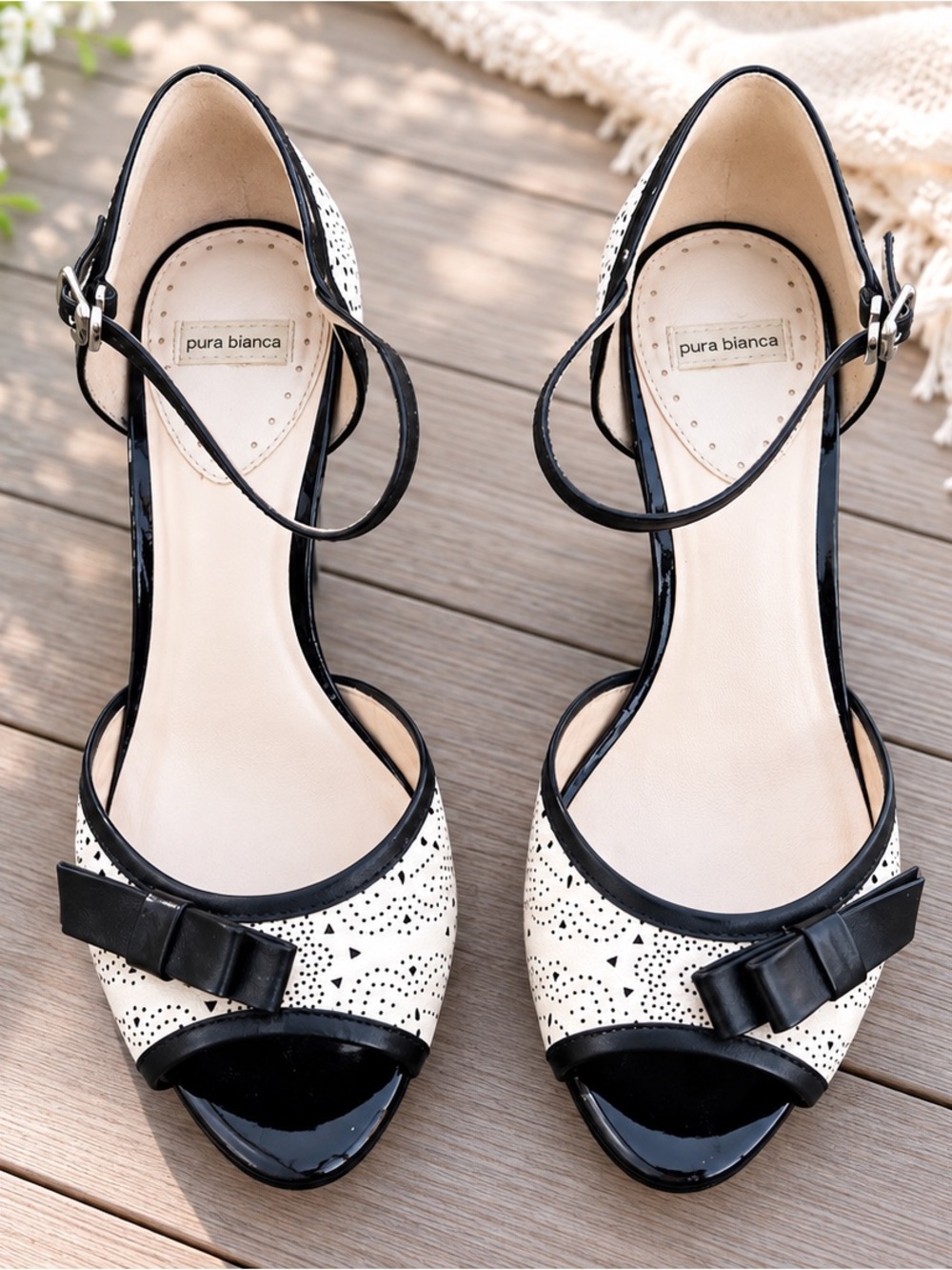 Pura Bianca Black & White Perforated High Heel Sandals – Bow Detail, Ankle Strap